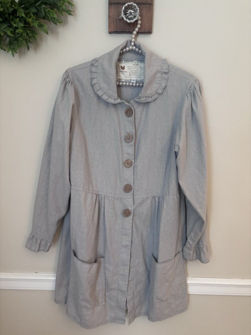 Farmhouse Frocks Womens Size L Gray Button Front Shirt Jacket Pockets
